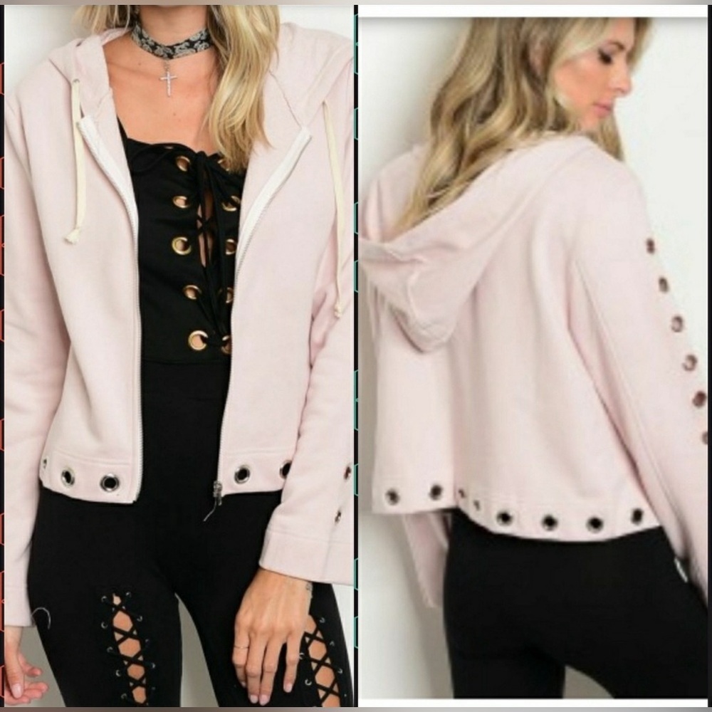 Pink Hoodie Zip Up Jacket With Silver Grommets on arms & bottom Size Large